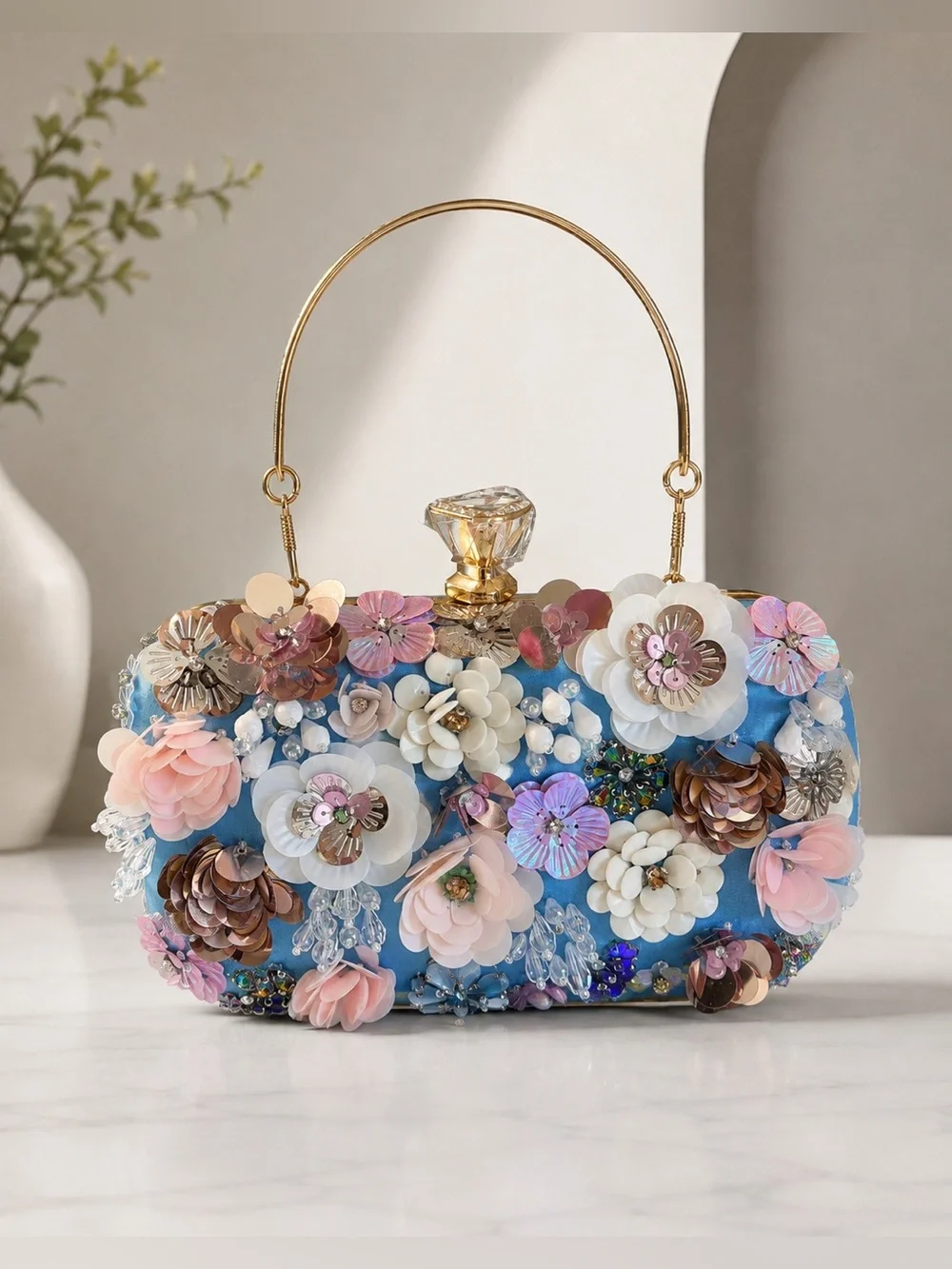 bebe Blue Floral Sequin Evening Clutch with Gold Handle